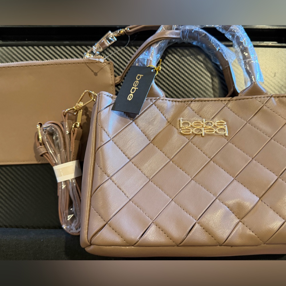 Bebe Beige Everett small satchel taupe NWT woven casual dressy purse crossbody